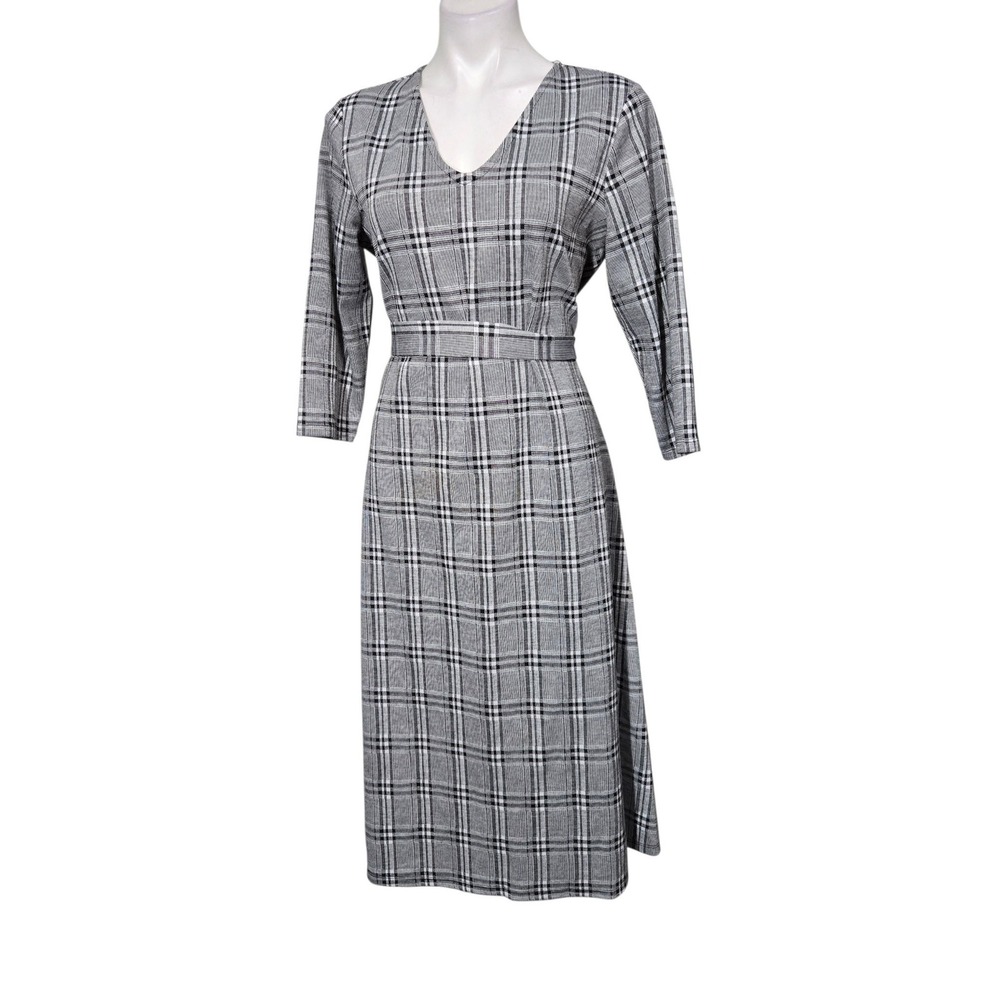 Chaus New York midi dress XLP Grey Plaid V-Neck 3/4 Sleeve career fall modest